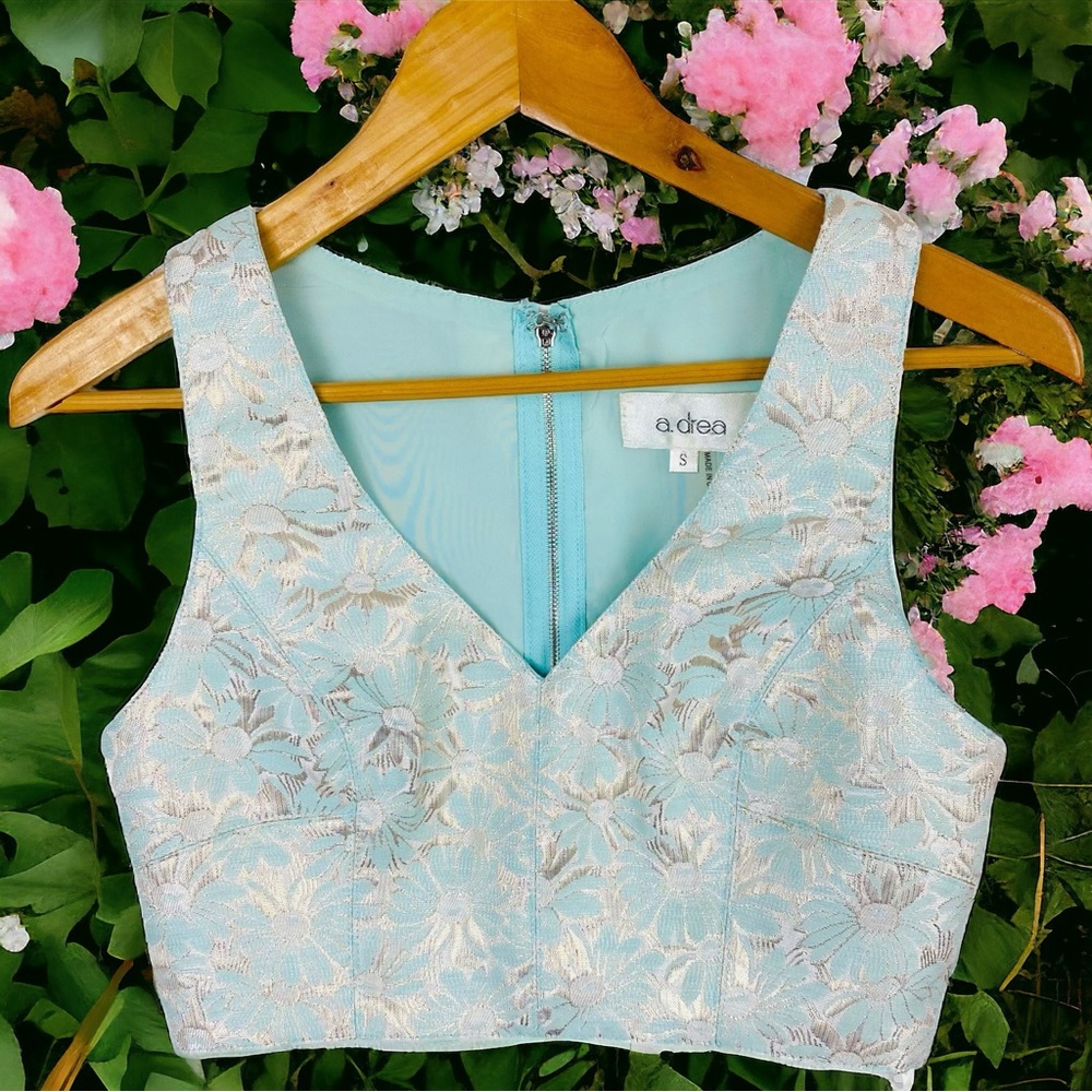 A.drea Jacquard V Neck Cropped Formal Prom Fitted Tank Top Metallic Teal S